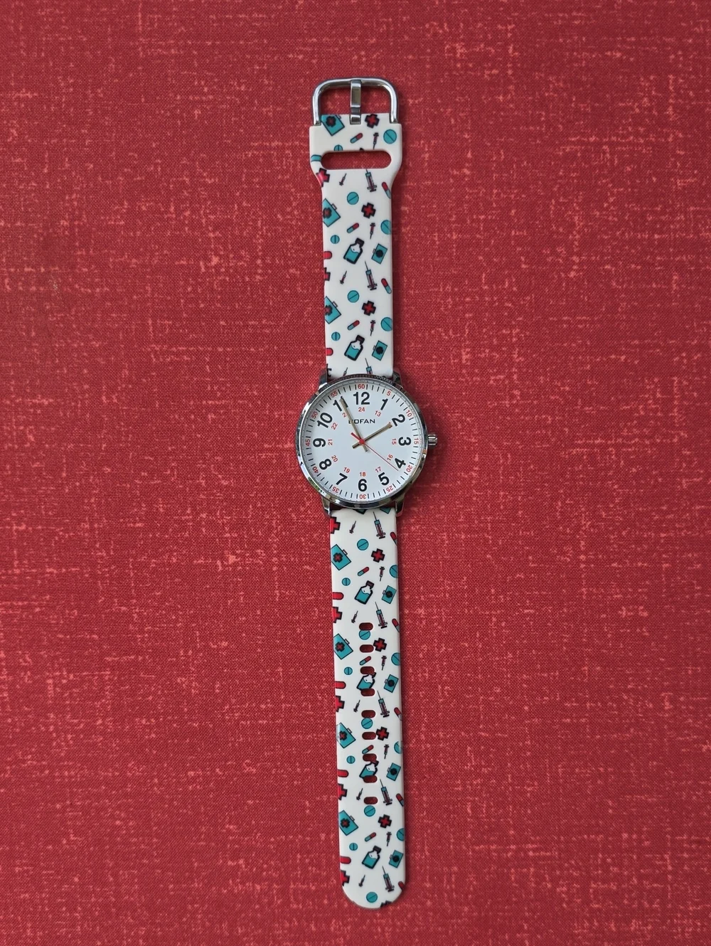 Womens Medical Pattern Silicone Watch - White with Teal & Red Accents